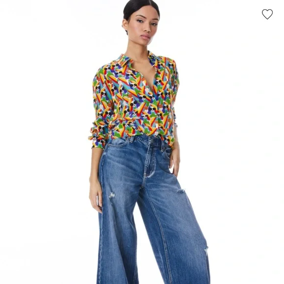 Alice & Olivia WILLA PLACKET TOP Button Down Silk Shirt Mod Stace - MEDIUM - Picture 2 of 12